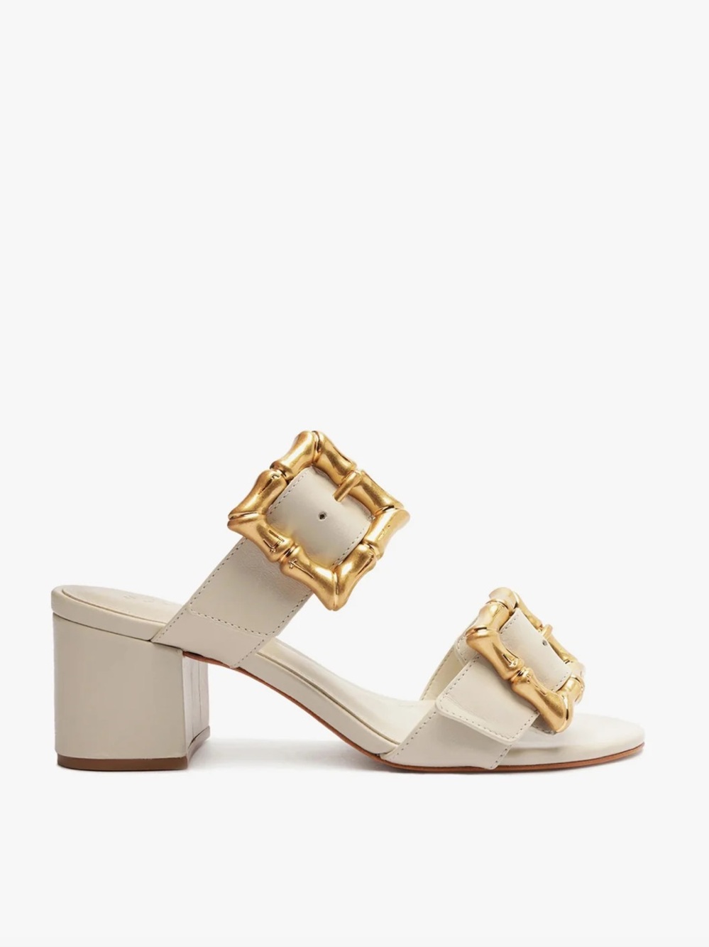 SCHUTZ Cream Leather Block Heel Sandal with Gold Buckles - Picture 2 of 6